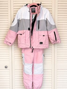 Kids Colorblock Pink & Gray Puffer Jacket and Snow Pants Set